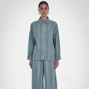 Paper Label Button Front Lounge Shirt Sage Blue Stripe Size M